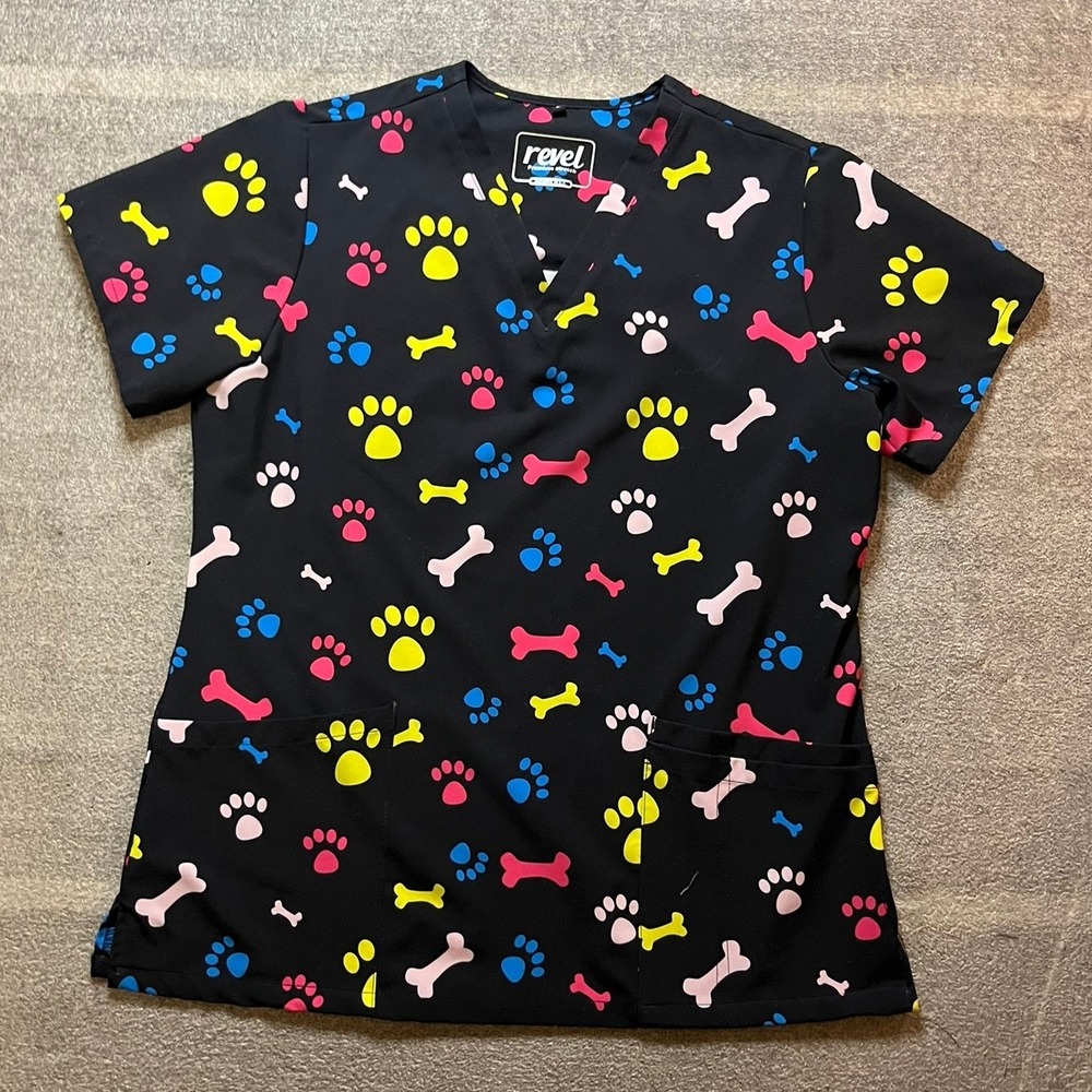Revel Premium Stretch Scrub Top Black Paw Print Dog Bone V-Neck Large